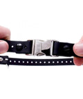 Hands holding One Inch Quick Snap Bungee Dog Collar Strap For FE 580 ET 800 The Boss And UL 1200 Receivers 33 Inch Trim To Fit Biothane Black