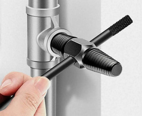 Dual Use Screw Extractor For Water Pipes And Faucets Easy Out Broken Bolt Remover For Damaged Or Stripped Screws Fits One Half Inch And Three Quarter Inch Bolts Fasteners And Valves Pro Grade High Carbon Steel Pipe Repair Tool installed on a metal pipe