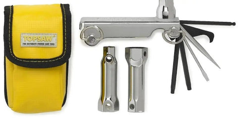 All-In-One Chainsaw Multitool For Outdoor Power Equipment With T27 Torx, Large And Small Screwdrivers, And 4mm Allen Wrench, Chrome Black Yellow Finish, Durable Tool Ready For Bolt And Fastener Work On Stihl Chainsaws And More in yellow sheath