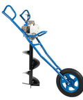 Gas Powered Wheel Mounted Post Hole Digger With 2.2kW 63cc Two Stroke Engine, wheel mounted auger, side view, blue frame