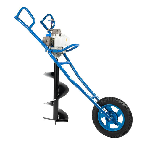 Gas Powered Wheel Mounted Post Hole Digger With 2.2kW 63cc Two Stroke Engine, wheel mounted auger, side view, blue frame