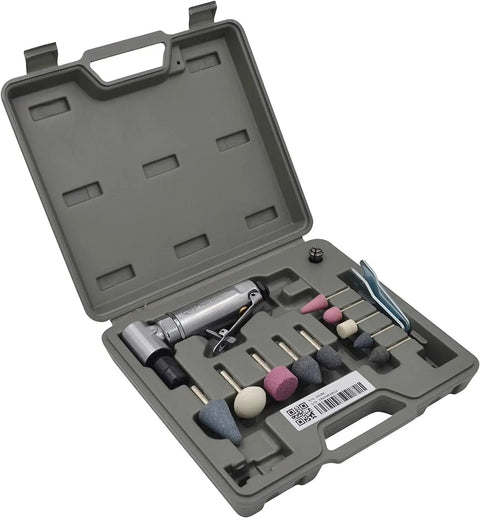 Pro Grade Angle Air Die Grinder Kit With Twenty One Thousand RPM And Quarter HP Power, One Quarter Inch Collet in carrying case