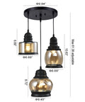 Three Light Modern Glass Pendant Chandelier for Dining Room and Kitchen Island with Amber Glass Shades, dimensions shown