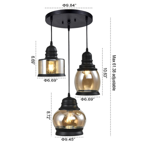 Three Light Modern Glass Pendant Chandelier for Dining Room and Kitchen Island with Amber Glass Shades, dimensions shown
