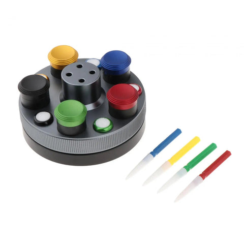 Pro Grade Watch Oil Dish Tool Kit with five dishes and four pens on metal stand, durable construction and 360-degree access