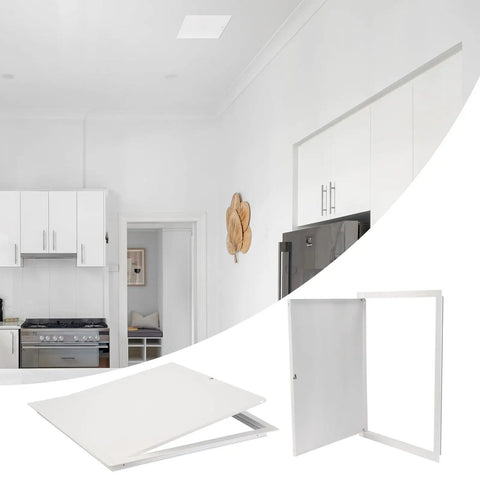 Dead Nuts Secure 24X24 Inch Flush Access Panel Door With Tough Galvanized Frame and Smooth Cam Latch shown in a kitchen setting.
