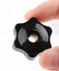 Close-up of M8 Knurled Star Knob Set With Brass Inserts, Black Plastic Screw On Type Through Knobs For Machinery Lathe, Clamp Nuts