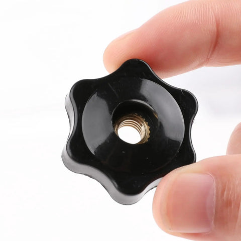 Close-up of M8 Knurled Star Knob Set With Brass Inserts, Black Plastic Screw On Type Through Knobs For Machinery Lathe, Clamp Nuts