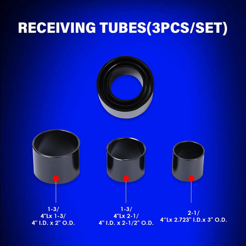 Three receiving tubes set from Ball Joint Removal Tool Kit 10 Piece For Most 2WD And 4WD Cars And Light Trucks.