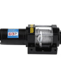 Rock Solid 4000lb Electric Winch With Heavy Duty Steel Cable For Cars Quads And Trailers Featuring Crazy Fast Three Stage Planetary Gear System side view showing steel cable and motor.