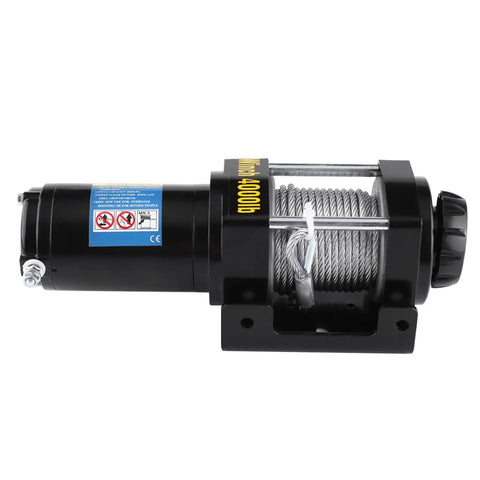 Heavy Duty 4000 Lb Electric Winch With Tough High Tensile Steel Cable For Auto And ATV Jobs Plus 15 Meter Hook Line side view showing motor and cable.