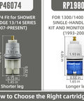 Delta RP46074 cartridge replacement size comparison for shower faucets with measurements for accurate fitting in 13/14 series models.
