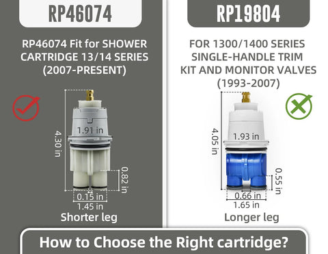 Delta RP46074 cartridge replacement size comparison for shower faucets with measurements for accurate fitting in 13/14 series models.