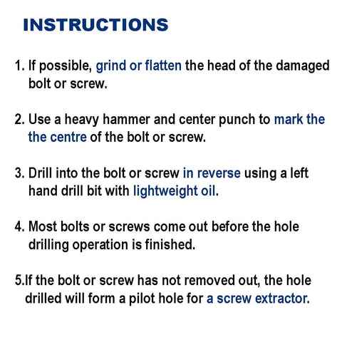 Instructions for using Left Hand Drill Bit Set For Damaged Bolts And Screws, M35 Cobalt, showing 5 steps for effective use.