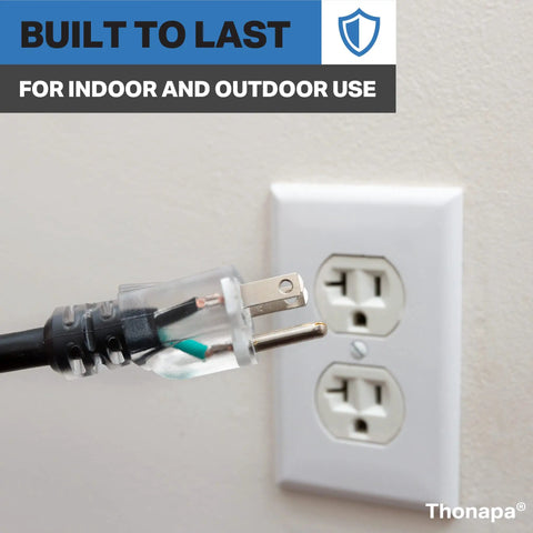 Beefy 10 Gauge Extension Cord 100 Ft Weatherproof Outdoor Power Cable with lighted plug near outlet, indoor use