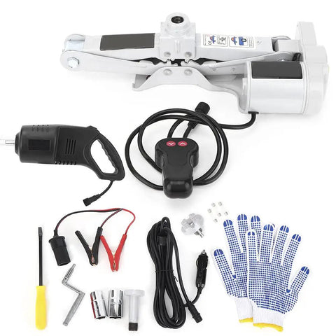 Heavy Duty Electric Floor Jack And Snappy Impact Wrench Tire Lifting Set For Fast Car Care and No Sweat Flat Fixes, including gloves and tools.
