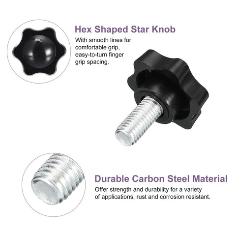 Badass Rock Solid M10 X 20 Mm Star Locking Clamping Knobs With A Grippy Polymer Design featuring a hex shaped star knob with smooth grip.