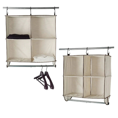 Total Closet Game Changer Hanging Purse Organizer For Wardrobe Dustproof Handbag Storage Rack that maximizes vertical space with four compartments.