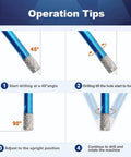 Blue 1/4in diamond core drill bit with triangle shank shown in a four-step porcelain tile drilling tips diagram