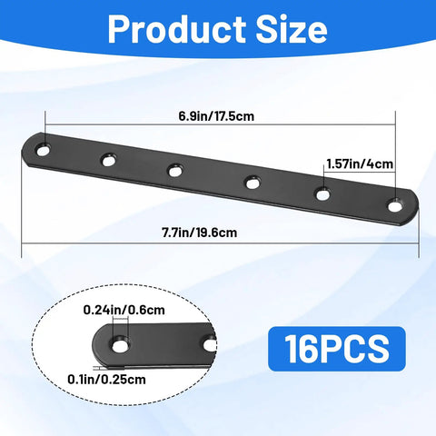 Dimensions of 16 Pack Beefy Straight Wood Brackets Heavy Duty Metal Braces 7.68 Inch Flat Mending Plates For Furniture Repair Cold Rolled Steel Black Joining Plates Reinforce Joints And Fix Cracks shown