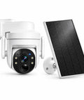 Wireless Outdoor Security Camera With Solar Power And Two Way Talk 2K Hd Full Color Night Vision mounted with solar panel.