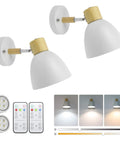 Modern Battery Powered Wall Sconces Set Of Two With Remote In White Wood Rotatable Dimmable Indoor Wall Lamps Not Hardwired Easy Setup No Wires For Bedroom Fireplace Living Room Hallway, showing two white wood sconces with remotes and dimming options.