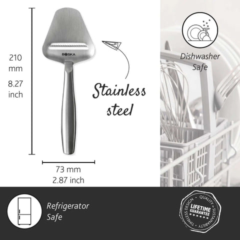 Stainless Steel Cheese Slicer Copenhagen Multifunctional Kitchen Tool For All Types Of Cheese Grating, displayed with dimensions.