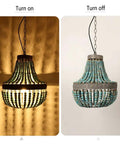Wood Bead Chandelier Pendant Lights In Gray Blue Finish, Retro Vintage Rustic Kitchen Ceiling Lamp, Adjustable Chain, illuminated and off view