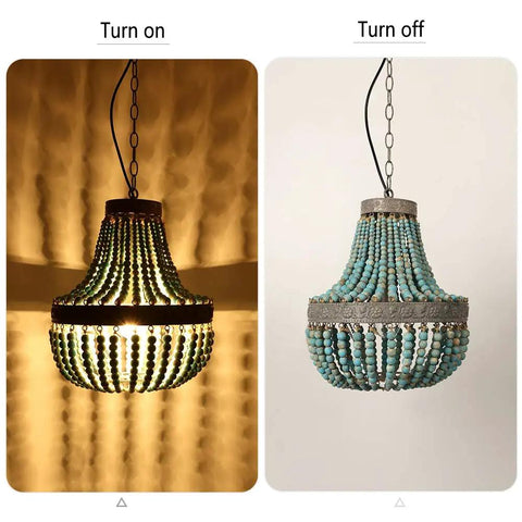 Wood Bead Chandelier Pendant Lights In Gray Blue Finish, Retro Vintage Rustic Kitchen Ceiling Lamp, Adjustable Chain, illuminated and off view