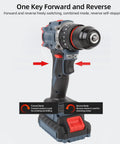 Pro Level Cordless Drill Power Tool Set With Slick Variable Speed Trigger And 25 Heavy Duty Bits showing ergonomic grip and reversible switch.