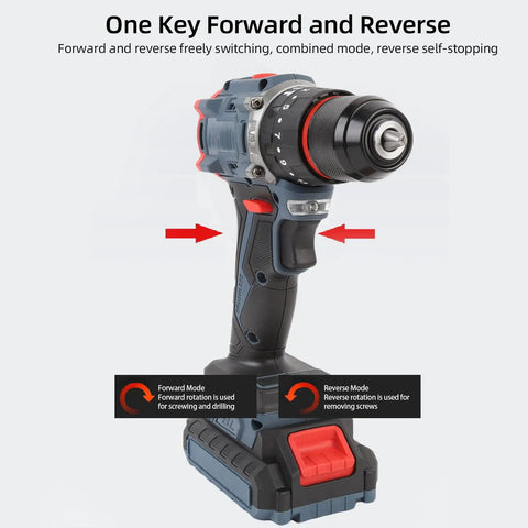 Pro Level Cordless Drill Power Tool Set With Slick Variable Speed Trigger And 25 Heavy Duty Bits showing ergonomic grip and reversible switch.