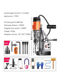 Heavy Duty Magnetic Drill Press With Robust Industrial Grade Electric Bench Tapping Rig For Precision Metalworking Machine featuring specs and accessories.