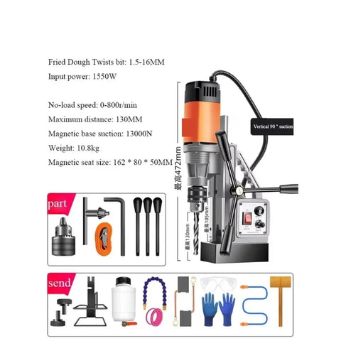 Heavy Duty Magnetic Drill Press With Robust Industrial Grade Electric Bench Tapping Rig For Precision Metalworking Machine featuring specs and accessories.