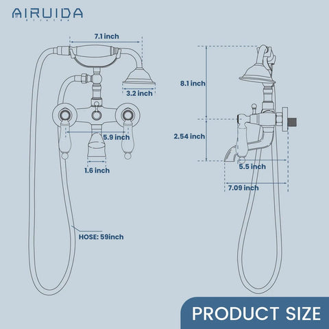 Technical diagram of Vintage Victorian Style Wall Mount Bathtub Faucet Set With Telephone Handheld Sprayer Double Hot And Cold Mixer