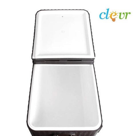 Open view of 80 Quart Rolling Cooler Ice Chest Cart For Outdoor Parties And Backyard Barbecues Dark Brown Wicker Faux Rattan Tub Trolley.