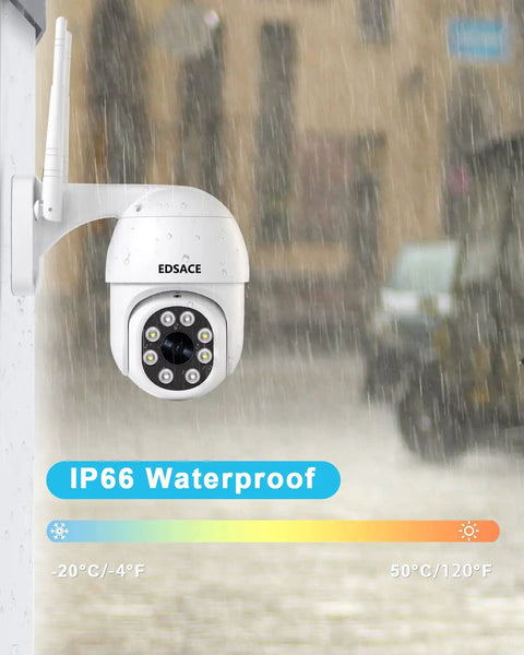 5G Outdoor Dome Security Camera With 2 Way Audio in rain, mounted for continuous recording, weatherproof and real-time alerts