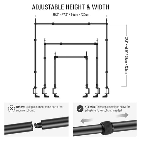 Overhead Camera Mount Rig With Dual Ball Heads And Heavy Duty Clamp Space Saving Desk Mount adjustable height and width diagram