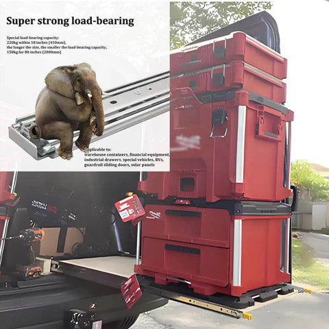 Beefy 64 Inch Drawer Slides With Lock And Full Extension Ball Bearing Rails 500 Lb Capacity with red stacked tool boxes