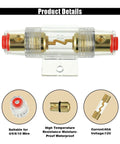 Badass In-Line AGU Fuse Holder Set For High Octane Car Audio Setup Protects Your Rig With 2X 100 Amp Fuses Performs Flawlessly On 4 8 10 Gauge Wiring Harnesses, featuring transparent design with gold connectors.