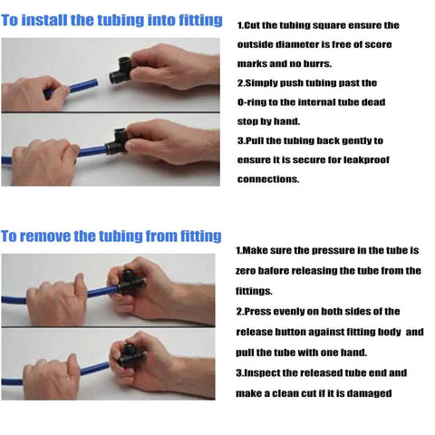 Step-by-step guide for installing and removing tubing in push to connect pneumatic union tee fittings half inch tube OD connectors.
