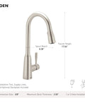 Top Shelf Stainless Steel Pull Down Kitchen Faucet featuring one handle high arc design with dimensions and installation details.