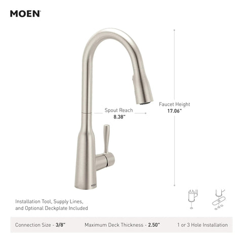 Top Shelf Stainless Steel Pull Down Kitchen Faucet featuring one handle high arc design with dimensions and installation details.