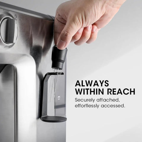 Magnetic Espresso WDT Tool For Even Extraction 10 Needle Stirrer Puck Tool attached to espresso machine with magnetic mount.