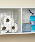 Cubeicals 2 Cube Storage Shelf Organizer for Books, Clothes and Decor, Space Saver, Wall Mount White Wood Finish in bathroom use.