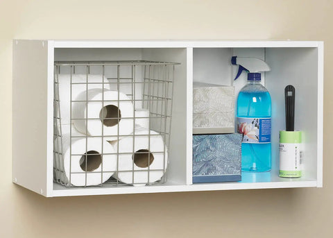 Cubeicals 2 Cube Storage Shelf Organizer for Books, Clothes and Decor, Space Saver, Wall Mount White Wood Finish in bathroom use.