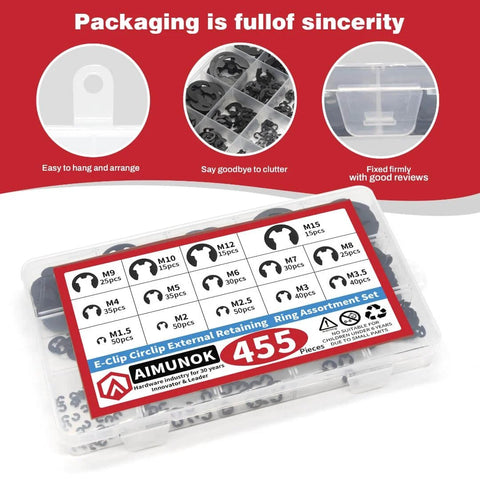 455 Piece E Clip Snap Ring Kit Set With External Retaining Rings, 14 SAE Sizes M1.5 to M15, in labeled plastic box