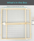 Extra Wide Wooden Baby Gate With Wire Mesh For Doorways Pressure Mounted Adjustable From About 29 To 50 Inches Wide And 31 Inches Tall Kid Safe Play Space with accessories