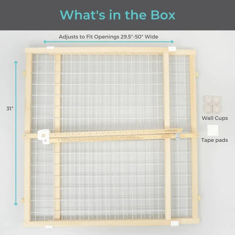 Extra Wide Wooden Baby Gate With Wire Mesh For Doorways Pressure Mounted Adjustable From About 29 To 50 Inches Wide And 31 Inches Tall Kid Safe Play Space with accessories