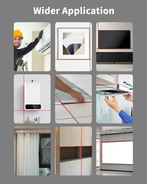 Various applications of 4 In 1 Laser Level Tool With Line Laser And Dust Collector, Wall Bracket, Electronic Vacuum Suction Cup, 1800 mAh Battery, Leveler For Picture Hanging Painting And Home Renovations in home settings.