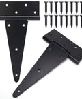 10 Inch T Strap Gate Hinges In Black Powder Coated Finish Heavy Duty Tee Hinges For Wooden Fences And Yard Gates Suitable For Shed And Barn Doors Rustproof And Corrosion Resistant 2 Pack shown with screws